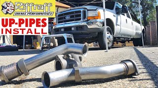 2001 F350 73  RiffRaff UpPipes Install  Stock up pipes leaking and falling apart JUNK SP [upl. by Ennaillij]